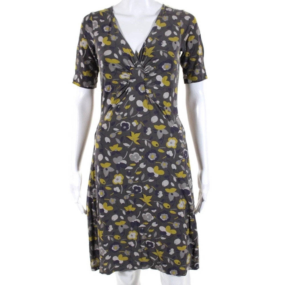 Boden Grey Floral Dress V-Neck Ruched Front 100% Lyocell Size US 4R / UK 8R